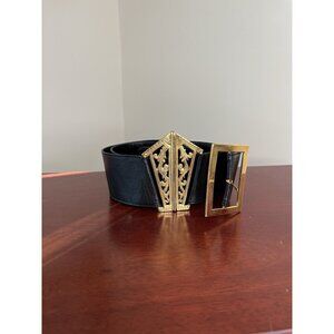 Vintage Gatefold Chanel 1980s Black Leather 24k Gold-Plated Filigree Belt